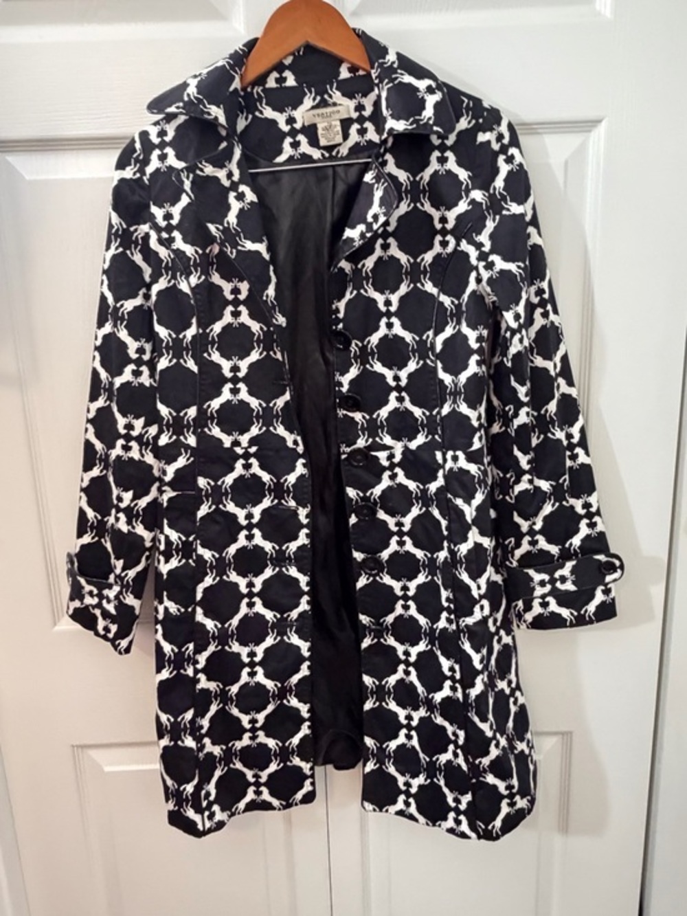 Vertigo Paris Womens Small Black White Horse Print Trench Coat Jacket cowgirl
